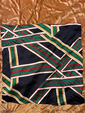 Authentic Vintage Giorgio Armani Silk Geometric Striped Square Scarf Navy